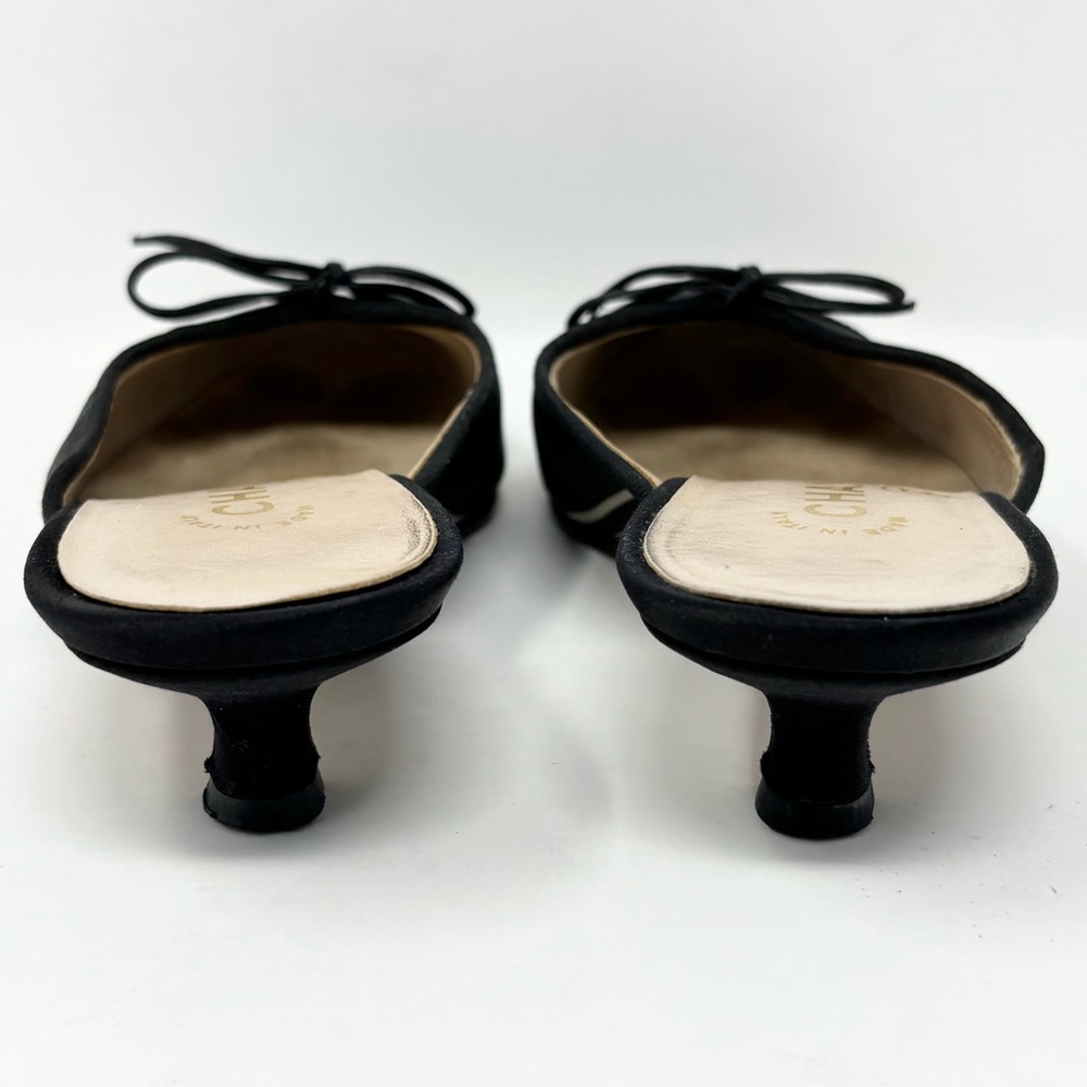 Chanel CC Cap Toe Bow Mules Black Canvas Kitten Heel Size 37.5 Y2K Vintage Satin - Picture 7 of 16